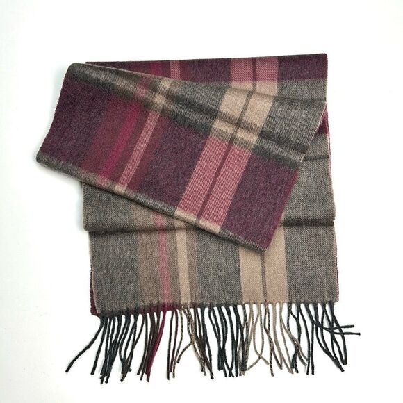 NWOT Nordstrom Men’s Wool Scarf Taupe and Wine Berry Plaid Excellent - Picture 1 of 6